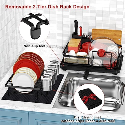 Cibert Dish Drying Rack with Drainboard, 2 Tier Dish Racks for Kitchen Counter, Black Dish Drainer Set, Kitchen Dish Dryer Rack with Dish Drying Mat, Large Dishes Rack, Dish Strainers for Kitchen Sink