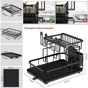 Cibert Dish Drying Rack with Drainboard, 2 Tier Dish Racks for Kitchen Counter, Black Dish Drainer Set, Kitchen Dish Dryer Rack with Dish Drying Mat, Large Dishes Rack, Dish Strainers for Kitchen Sink