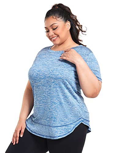 Abrooical Plus Size Womens Athletic Tops Short Sleeve Loose Fit Workout Shirts Sports Yoga Running Dry Fit Tunics Blue 3X-Large