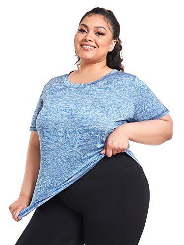 Abrooical Plus Size Womens Athletic Tops Short Sleeve Loose Fit Workout Shirts Sports Yoga Running Dry Fit Tunics Blue 3X-Large