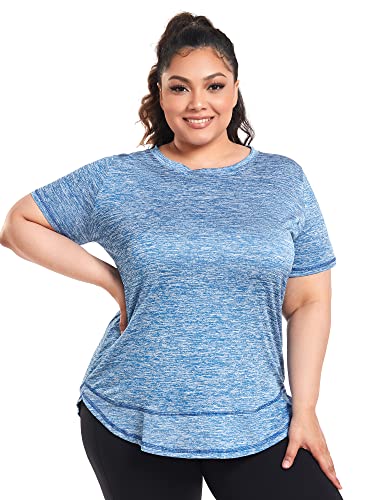 Abrooical Plus Size Womens Athletic Tops Short Sleeve Loose Fit Workout Shirts Sports Yoga Running Dry Fit Tunics Blue 3X-Large