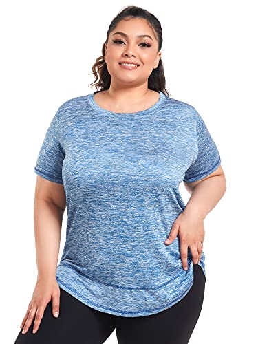 Abrooical Plus Size Womens Athletic Tops Short Sleeve Loose Fit Workout Shirts Sports Yoga Running Dry Fit Tunics Blue 3X-Large