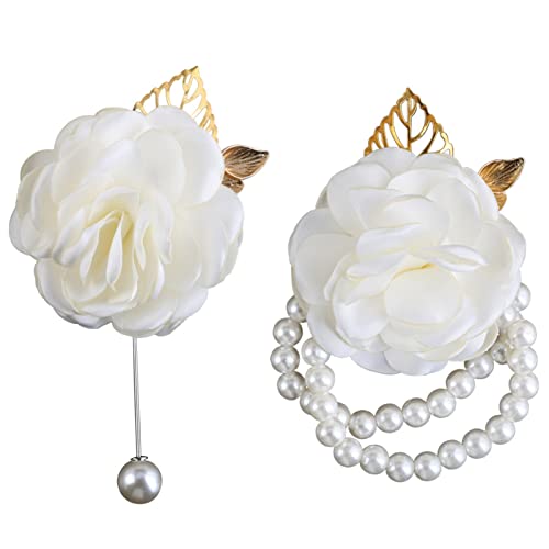 Gkvszy Ivory Boutonniere and Corsage Set for Groom Groomsmen Man Suit and Bride Bridesmaid Artificial Rose Flower Corsage Wristlet for Wedding Homecoming Prom Party Ivory