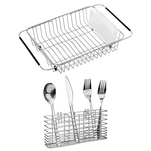 SANNO Dish Drying Rack, Expandable Dish Drainer Stainless Steel Cutlery Utensil Holder Silverware Organizer Rack