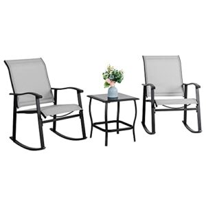 vongrasig 3 piece outdoor rocking bistro set, textilene fabric small patio furniture set, front porch rocker chairs conversation set with glass table for lawn, garden, balcony, poolside (light gray)