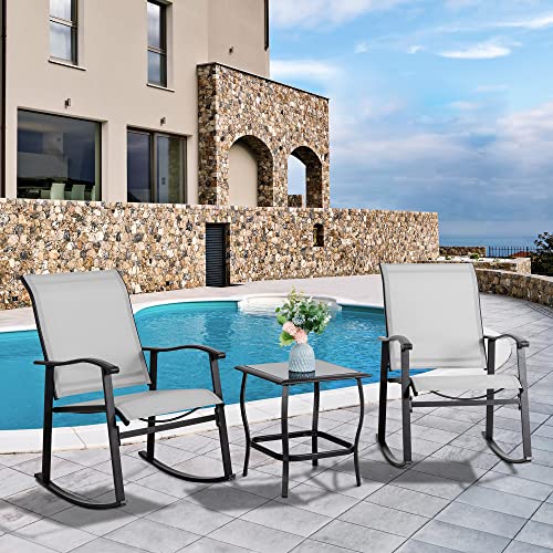 Vongrasig 3 Piece Outdoor Rocking Bistro Set, Textilene Fabric Small Patio Furniture Set, Front Porch Rocker Chairs Conversation Set with Glass Table for Lawn, Garden, Balcony, Poolside (Light Gray)