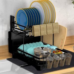 yilingchild dish drainer,dish drying rack with drainboard,2 tier dish rack for kitchen counter, dish drainers for inside sink, large dish strainers with 2 cup holder,extra drying mat(black)
