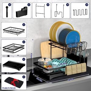 Yilingchild Dish Drainer,Dish Drying Rack with Drainboard,2 Tier Dish Rack for Kitchen Counter, Dish drainers for Inside Sink, Large Dish Strainers with 2 Cup Holder,Extra Drying Mat(Black)