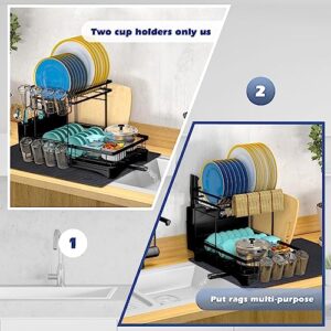 Yilingchild Dish Drainer,Dish Drying Rack with Drainboard,2 Tier Dish Rack for Kitchen Counter, Dish drainers for Inside Sink, Large Dish Strainers with 2 Cup Holder,Extra Drying Mat(Black)