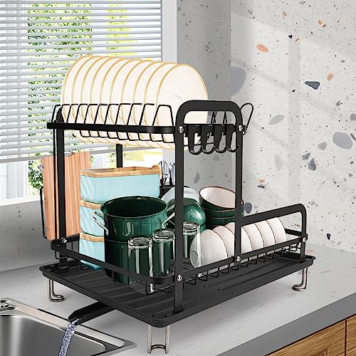 IYEBAU Dish Drying Rack,16.5 * 11.8 * 13.6'' 2 Tier Over The Sink Dishrack Strainer,Large Capacity W/Drainboard and Utensil Holder,Auto-draining,Non-Slip for Kitchen Counter