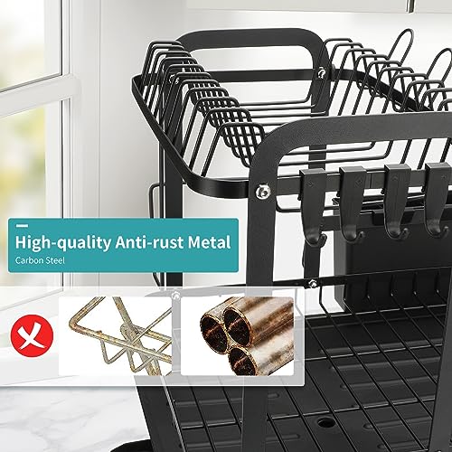 IYEBAU Dish Drying Rack,16.5 * 11.8 * 13.6'' 2 Tier Over The Sink Dishrack Strainer,Large Capacity W/Drainboard and Utensil Holder,Auto-draining,Non-Slip for Kitchen Counter