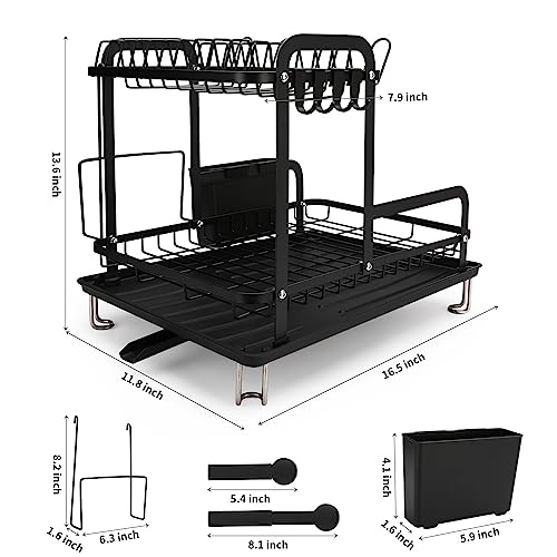 IYEBAU Dish Drying Rack,16.5 * 11.8 * 13.6'' 2 Tier Over The Sink Dishrack Strainer,Large Capacity W/Drainboard and Utensil Holder,Auto-draining,Non-Slip for Kitchen Counter