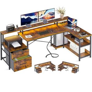 odk l shaped desk with file drawer, 75" reversible l shaped computer desk with power outlet & led strip, home office desk with storage shelves, gaming desk with monitor shelf, corner desk, vintage