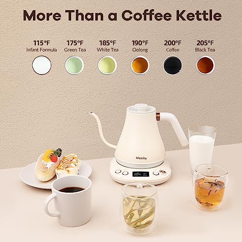 Mecity Electric Gooseneck Kettle With Keep Warm Function & LCD Display Automatic Shut Off Coffee Kettle Temperature Control Pour Over Kettle 1200 Watt, 0.8L, 120V, Milk White