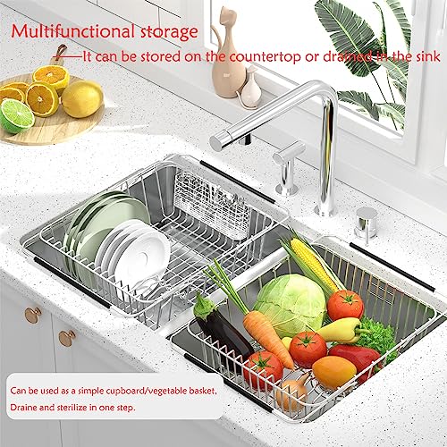 NiuYichee Dish Drying Rack in Sink, Expandable Stainless Steel Dish Drainer Rack Organizer Over Sink Counter, with Stainless Steel Utensil Racks, Fit 14.2" to 19.5" Sinks (Small)