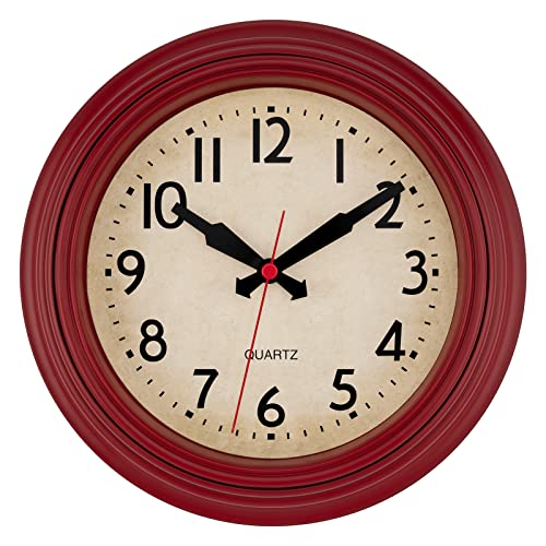 Foxtop Retro Wall Clock 9 Inch Silent Non-Ticking Small Battery Operated Red Wall Clock Vintage Classic Decorative Clock for Office Bedroom Kitchen Living Room Home