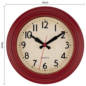 Foxtop Retro Wall Clock 9 Inch Silent Non-Ticking Small Battery Operated Red Wall Clock Vintage Classic Decorative Clock for Office Bedroom Kitchen Living Room Home