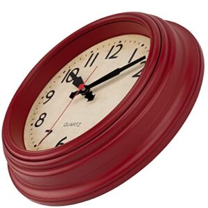 Foxtop Retro Wall Clock 9 Inch Silent Non-Ticking Small Battery Operated Red Wall Clock Vintage Classic Decorative Clock for Office Bedroom Kitchen Living Room Home