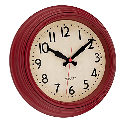 Foxtop Retro Wall Clock 9 Inch Silent Non-Ticking Small Battery Operated Red Wall Clock Vintage Classic Decorative Clock for Office Bedroom Kitchen Living Room Home