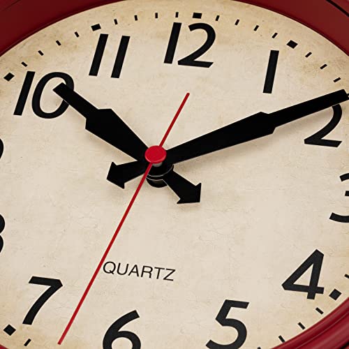 Foxtop Retro Wall Clock 9 Inch Silent Non-Ticking Small Battery Operated Red Wall Clock Vintage Classic Decorative Clock for Office Bedroom Kitchen Living Room Home