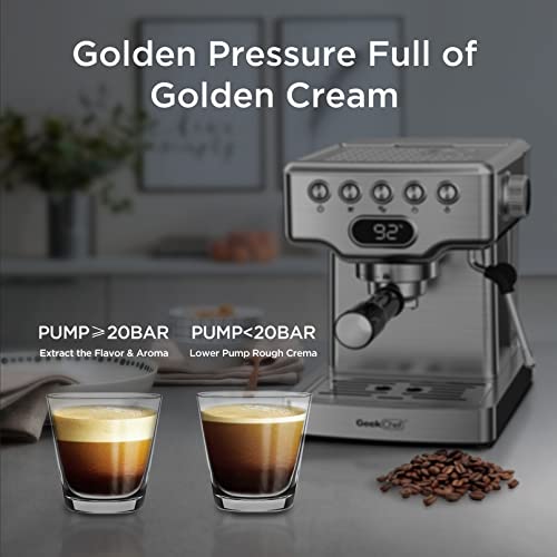 Geek Chef Espresso Machine 20 Bar, Espresso Coffee Maker with Fast Heating Automatic, Latte & Cappuccino Maker with Milk Frother Steam Wand, 1.8L Water Tank, Temperature Display, Stainless Steel