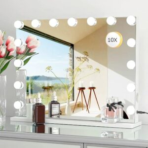 despful vanity mirror makeup mirror with lights,10x lens,22.8"x 18.1" hollywood lighted vanity mirror with 15 dimmable led bulbs,3 color modes,touch control for bedroom,tabletop or wall-mounted