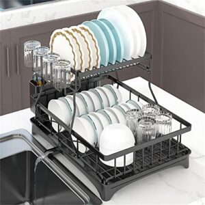 kunyi drop dish drying rack with drainboard, multifunctional dish rack for kitchen counter, anti-rust drying dish rack, cutting board holder, black