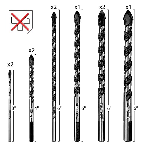 KENDO 10PCS Multi-Purpose Masonry Drill Bits Set,1/8 to 1/2" Concrete Drill Bit Set,Carbide Tipped for Glass, Tile, Plastic, Cement, Concrete, Granite, Wall, Iron Sheet, Brick, Wood etc