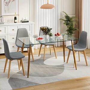 tangkula 5 pieces dining room table set, modern table & chair set for 5, 4 grey fabric dining chairs with glass dining table for small living room, kitchen