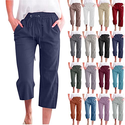 Bootcut Yoga Pants for Women Capri Pants Casual 2023 Summer Drawstring Elastic High Waist Linen Pant Straight Wide Leg Cropped Trouser