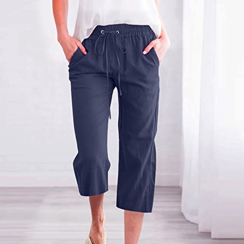 Bootcut Yoga Pants for Women Capri Pants Casual 2023 Summer Drawstring Elastic High Waist Linen Pant Straight Wide Leg Cropped Trouser