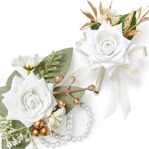 serwalin white corsage and boutonniere set, prom artificial flower wrist corsage bracelets, homecoming corsage wristlet, boutonniere for men wedding flowers accessories prom suit decorations