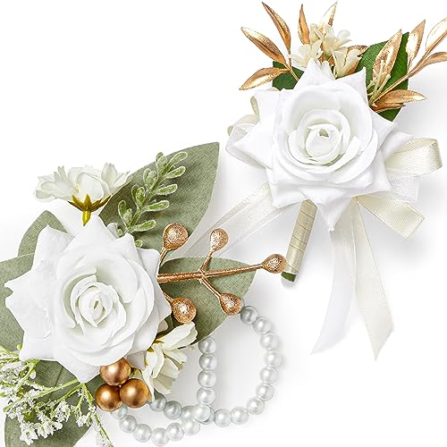 Serwalin White Corsage and Boutonniere Set, Prom Artificial Flower Wrist Corsage Bracelets, Homecoming Corsage Wristlet, Boutonniere for Men Wedding Flowers Accessories Prom Suit Decorations