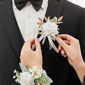 Serwalin White Corsage and Boutonniere Set, Prom Artificial Flower Wrist Corsage Bracelets, Homecoming Corsage Wristlet, Boutonniere for Men Wedding Flowers Accessories Prom Suit Decorations