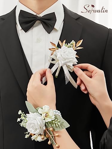 Serwalin White Corsage and Boutonniere Set, Prom Artificial Flower Wrist Corsage Bracelets, Homecoming Corsage Wristlet, Boutonniere for Men Wedding Flowers Accessories Prom Suit Decorations