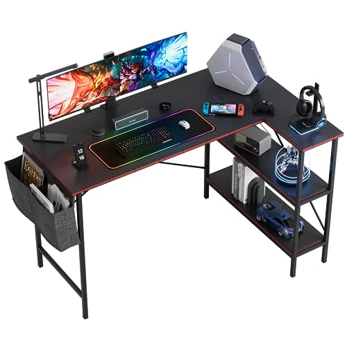 Kemon L Shpaed Desk, 47 Inch Computer Corner Desk, Gaming Desk with Storage Bag, Home Office Writing Desk with Reversible Storage Shelf, Space-Saving Workstation Desk, Carbon Fiber Black