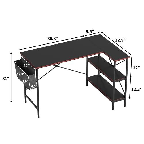 Kemon L Shpaed Desk, 47 Inch Computer Corner Desk, Gaming Desk with Storage Bag, Home Office Writing Desk with Reversible Storage Shelf, Space-Saving Workstation Desk, Carbon Fiber Black