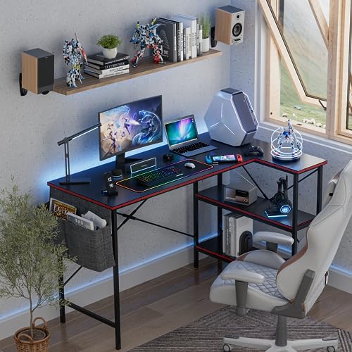 Kemon L Shpaed Desk, 47 Inch Computer Corner Desk, Gaming Desk with Storage Bag, Home Office Writing Desk with Reversible Storage Shelf, Space-Saving Workstation Desk, Carbon Fiber Black