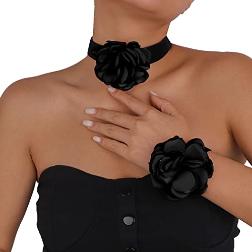 Tgirls Black Choker Flower Velvet Necklace Set Retro Rose Corsage Gothic Necklaces Collar Wristband Halloween Costume Gift for Women and Girls (Black)