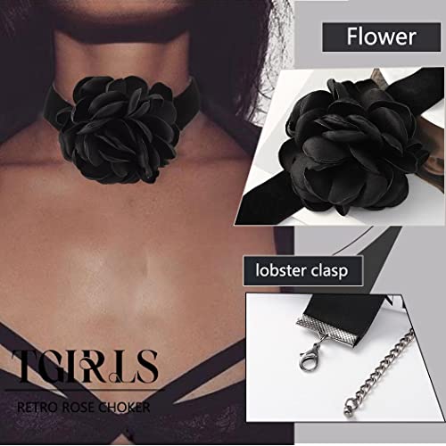 Tgirls Black Choker Flower Velvet Necklace Set Retro Rose Corsage Gothic Necklaces Collar Wristband Halloween Costume Gift for Women and Girls (Black)