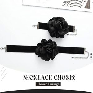 Tgirls Black Choker Flower Velvet Necklace Set Retro Rose Corsage Gothic Necklaces Collar Wristband Halloween Costume Gift for Women and Girls (Black)