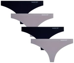 reebok women's underwear - stretch performance thong panties (4 pack), size large, shark skin/black