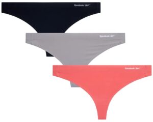 reebok women?s underwear ? stretch performance thong (3 pack), size medium, coral/grey/black