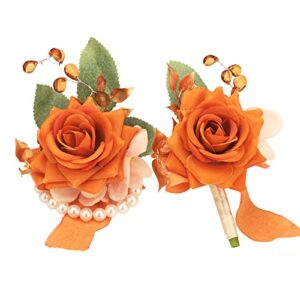 weslymoo burnt orange rose wrist corsage and boutonniere set artificial prom flower corsage wristlet band bracelet and boutonniere for men wedding accessories prom stuff decorations