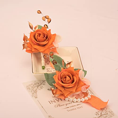 Weslymoo Burnt Orange Rose Wrist Corsage and Boutonniere Set Artificial Prom Flower Corsage Wristlet Band Bracelet and Boutonniere for Men Wedding Accessories Prom Stuff Decorations