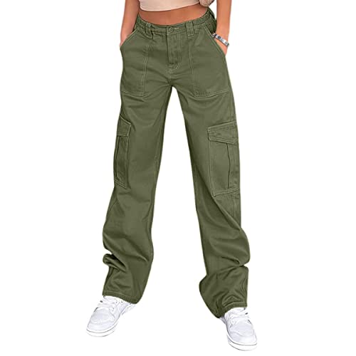 Lepunuo Cargo Pants for Women High Waisted Casual Pants Baggy Stretchy Wide Leg Y2K Streetwear with 6 Pockets Army Green