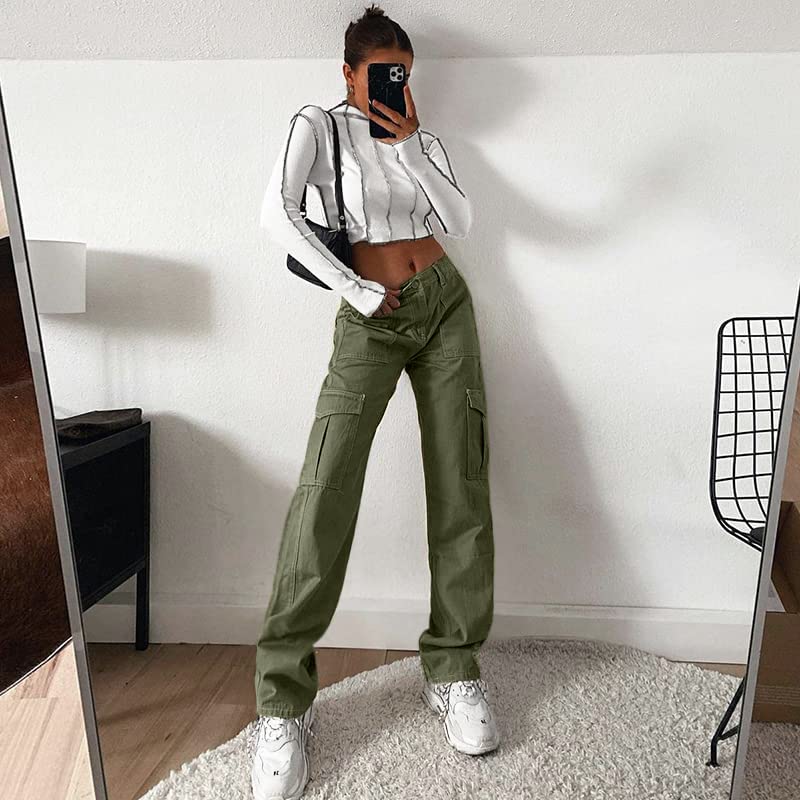 Lepunuo Cargo Pants for Women High Waisted Casual Pants Baggy Stretchy Wide Leg Y2K Streetwear with 6 Pockets Army Green
