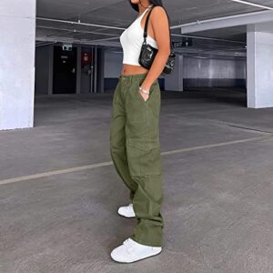 Lepunuo Cargo Pants for Women High Waisted Casual Pants Baggy Stretchy Wide Leg Y2K Streetwear with 6 Pockets Army Green