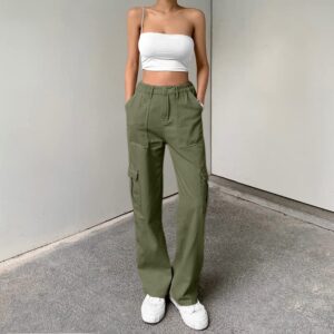 Lepunuo Cargo Pants for Women High Waisted Casual Pants Baggy Stretchy Wide Leg Y2K Streetwear with 6 Pockets Army Green