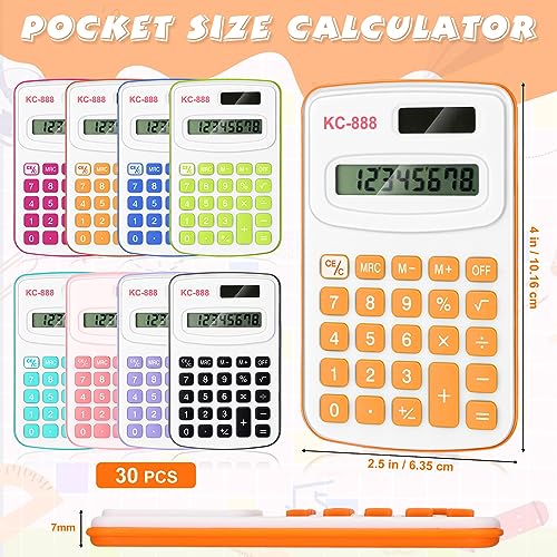 Treela 30 Pcs Pocket Size Calculator for Students Bulk Mini Handheld Calculator Basic Standard Calculators with Button Battery 8 Digit Display Desktop Calculator for School Kids Teacher (Mixed Color)